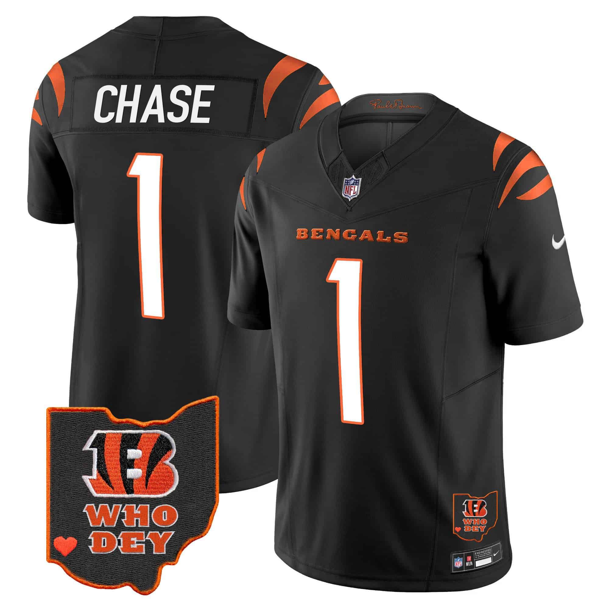Men Cincinnati Bengals #1 Chase Black 2024 Nike Patch Vapor Limited NFL Jersey style 2